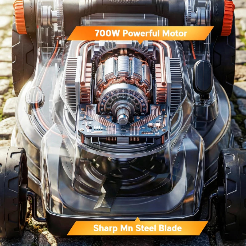 Cordless lawn mower motor and sharp steel blade shown in close-up