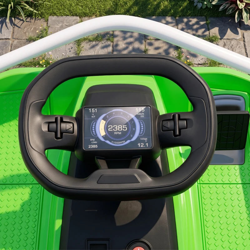 Green go-kart dashboard and steering wheel with digital RPM display