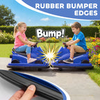Pair of blue electric bumper cars with checkered fronts and cushioned seating for kids