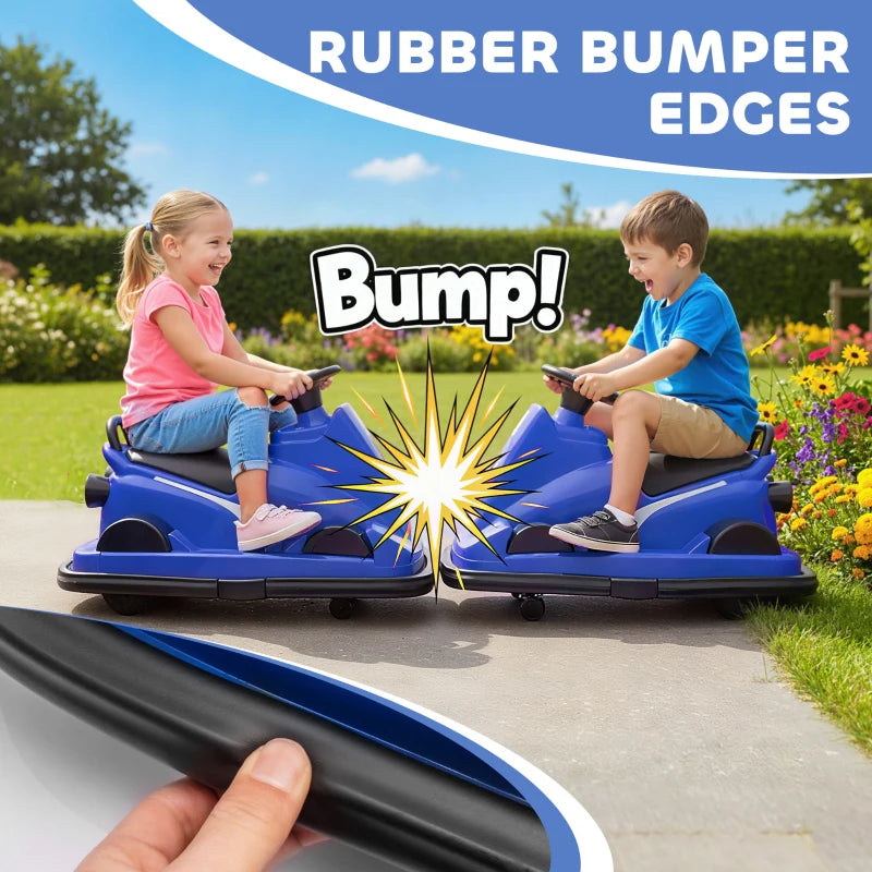 Pair of blue electric bumper cars with checkered fronts and cushioned seating for kids