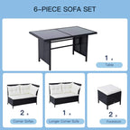 6-piece black rattan sofa set with white cushions: corner sofas, table, and footstools