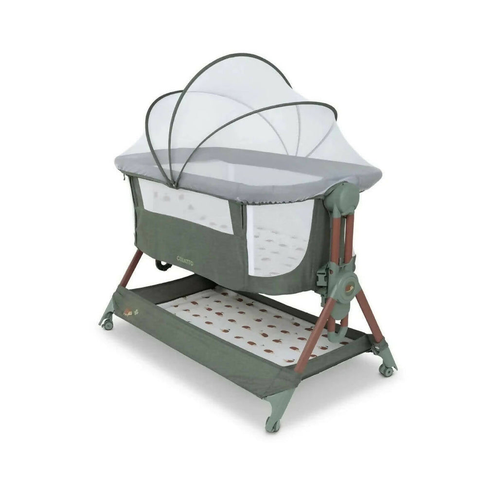 Olive folding bedside crib with arched canopy cover and white mesh side panels