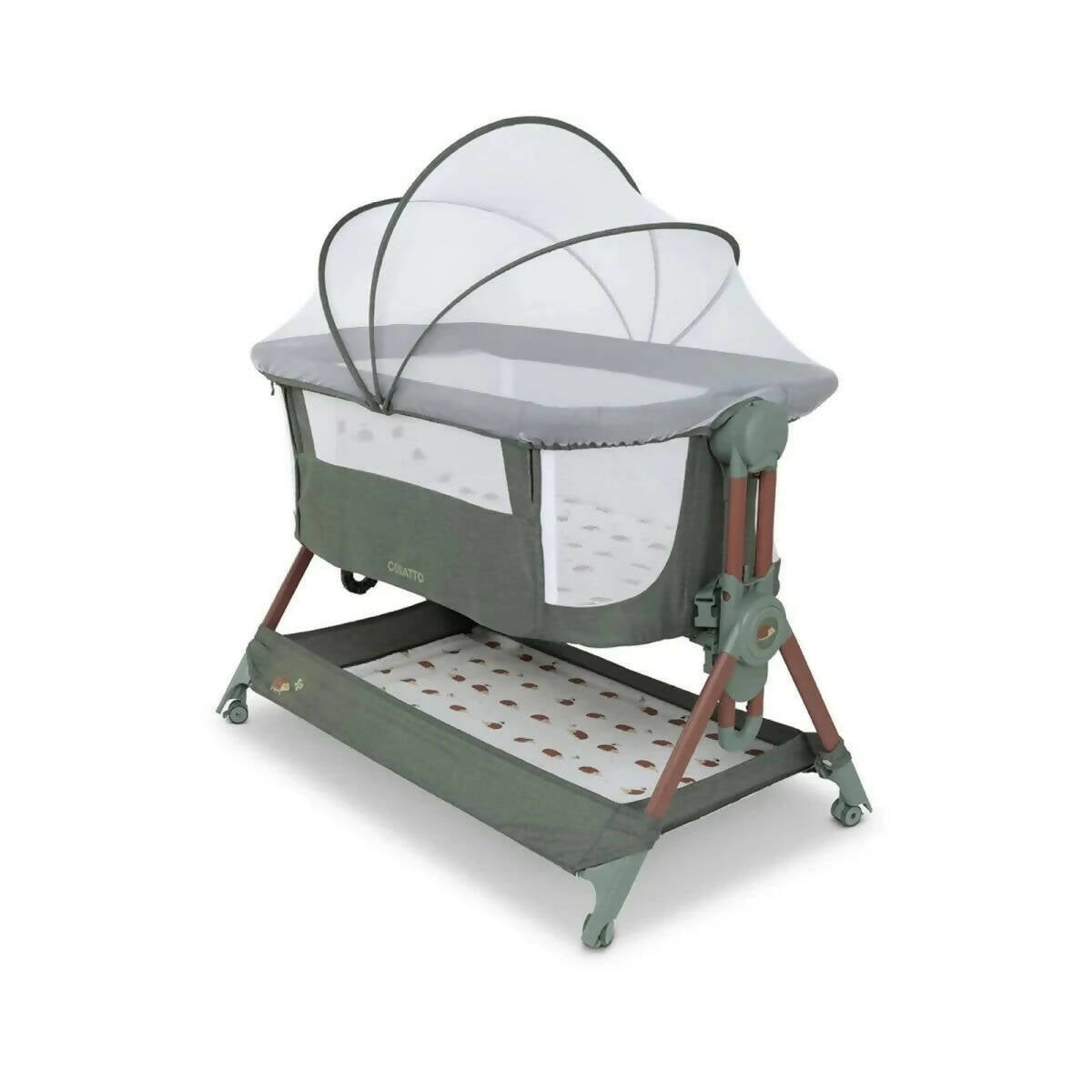 Olive folding bedside crib with arched canopy cover and white mesh side panels