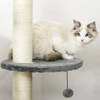 Light grey cat tree with circular perch, sisal post, and hanging ball toy