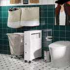 White narrow rolling bathroom cabinet with open shelf and two drawers