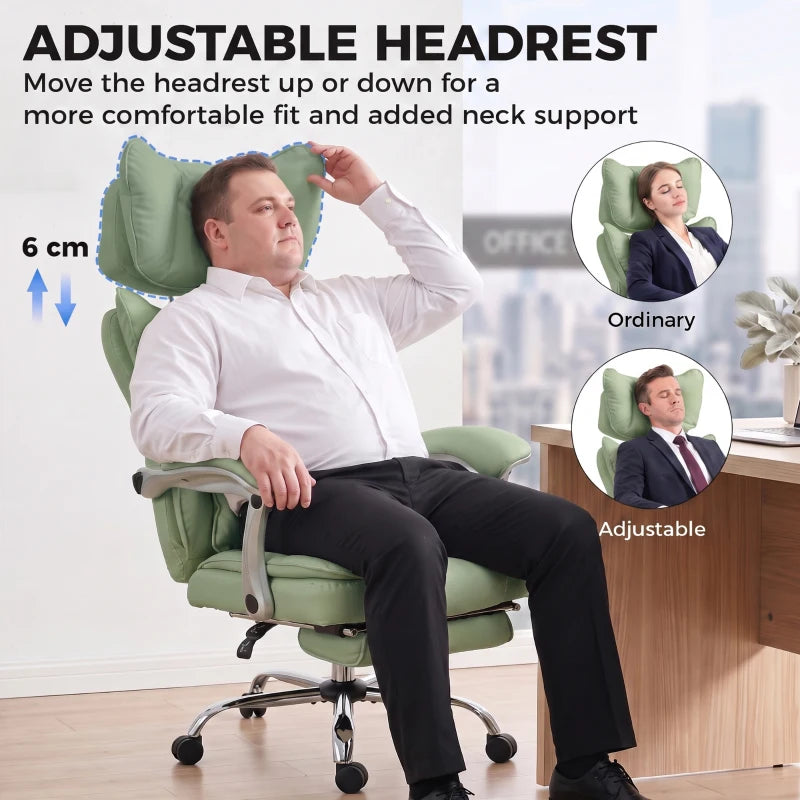 Light green office chair with adjustable headrest and reclining back, padded arms