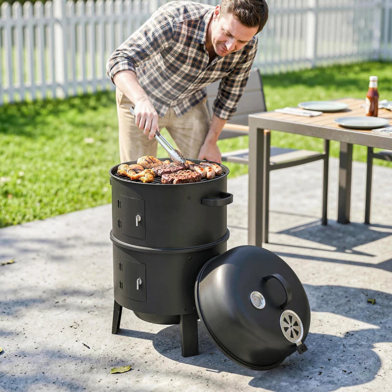 Vertical charcoal smoker with two doors and front wheel for moving