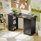 Black office desk with open left shelf and 3-drawer storage cabinet