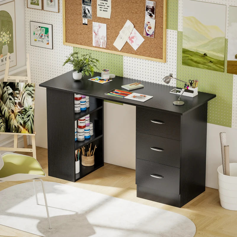Black office desk with open left shelf and 3-drawer storage cabinet