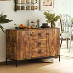 Rustic brown sideboard with two doors, three drawers, and dark metal frame legs