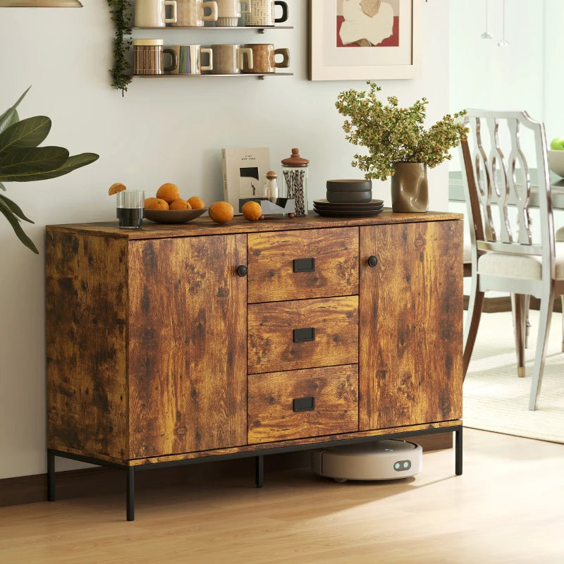 Rustic brown sideboard with two doors, three drawers, and dark metal frame legs
