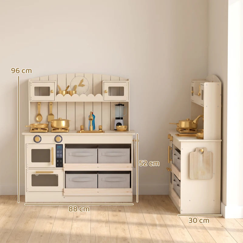 Cream kids play kitchen set shown from front and side with drawers, burners, and counter