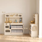 Cream kids play kitchen set shown from front and side with drawers, burners, and counter