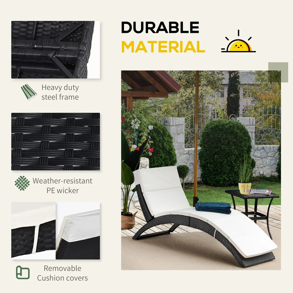Outdoor Foldable PE Rattan Sun Lounger with Soft Padded Cushion, Ergonomic Curved Design Sun Bed for Balcony, Garden, Black - Bobobiy
