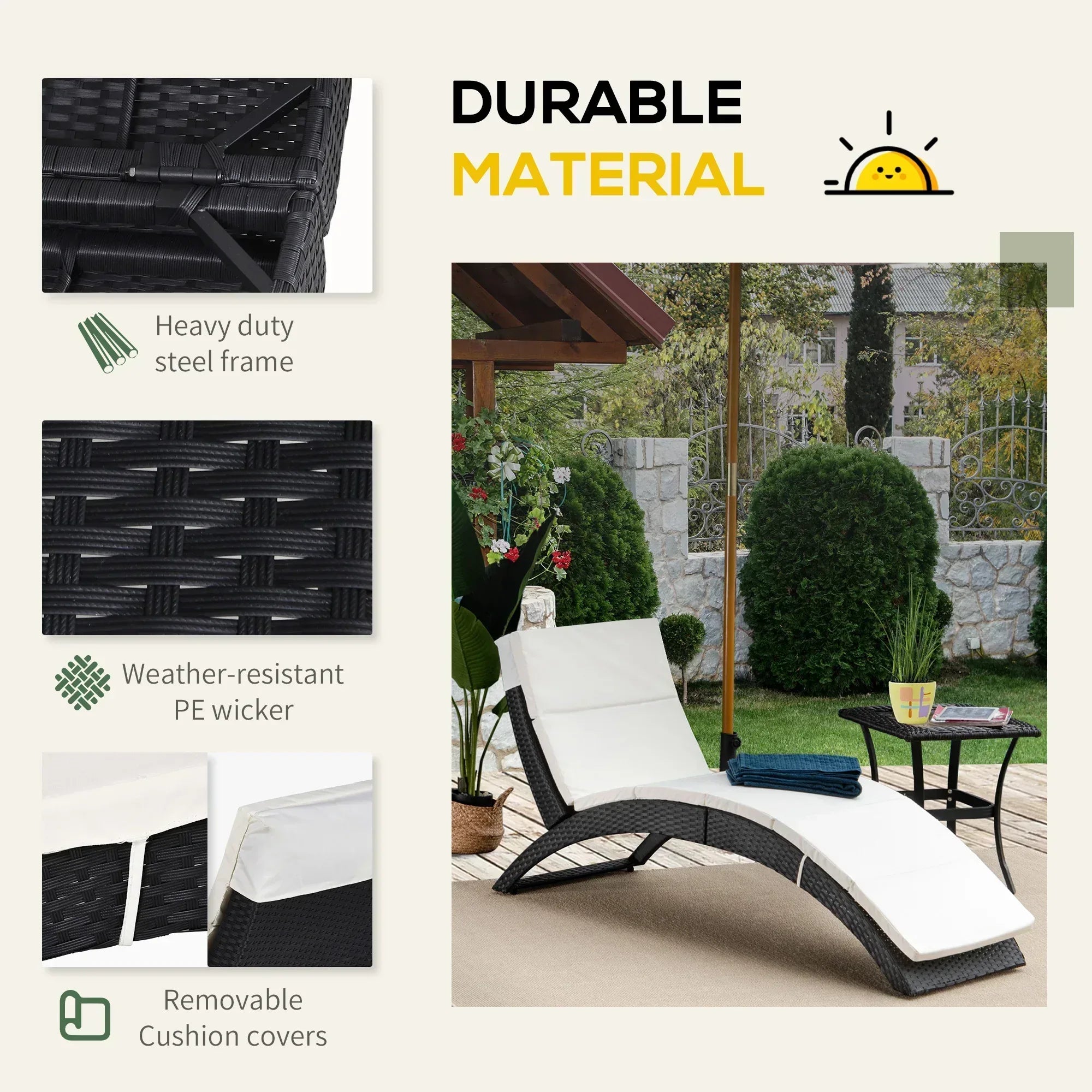 Outdoor Foldable PE Rattan Sun Lounger with Soft Padded Cushion, Ergonomic Curved Design Sun Bed for Balcony, Garden, Black - Bobobiy
