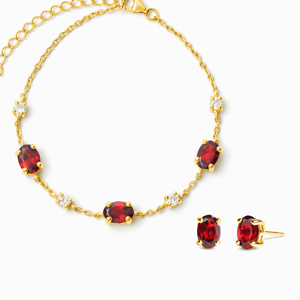 18k gold vermeil garnet gemstone necklace with red oval center stones and chain