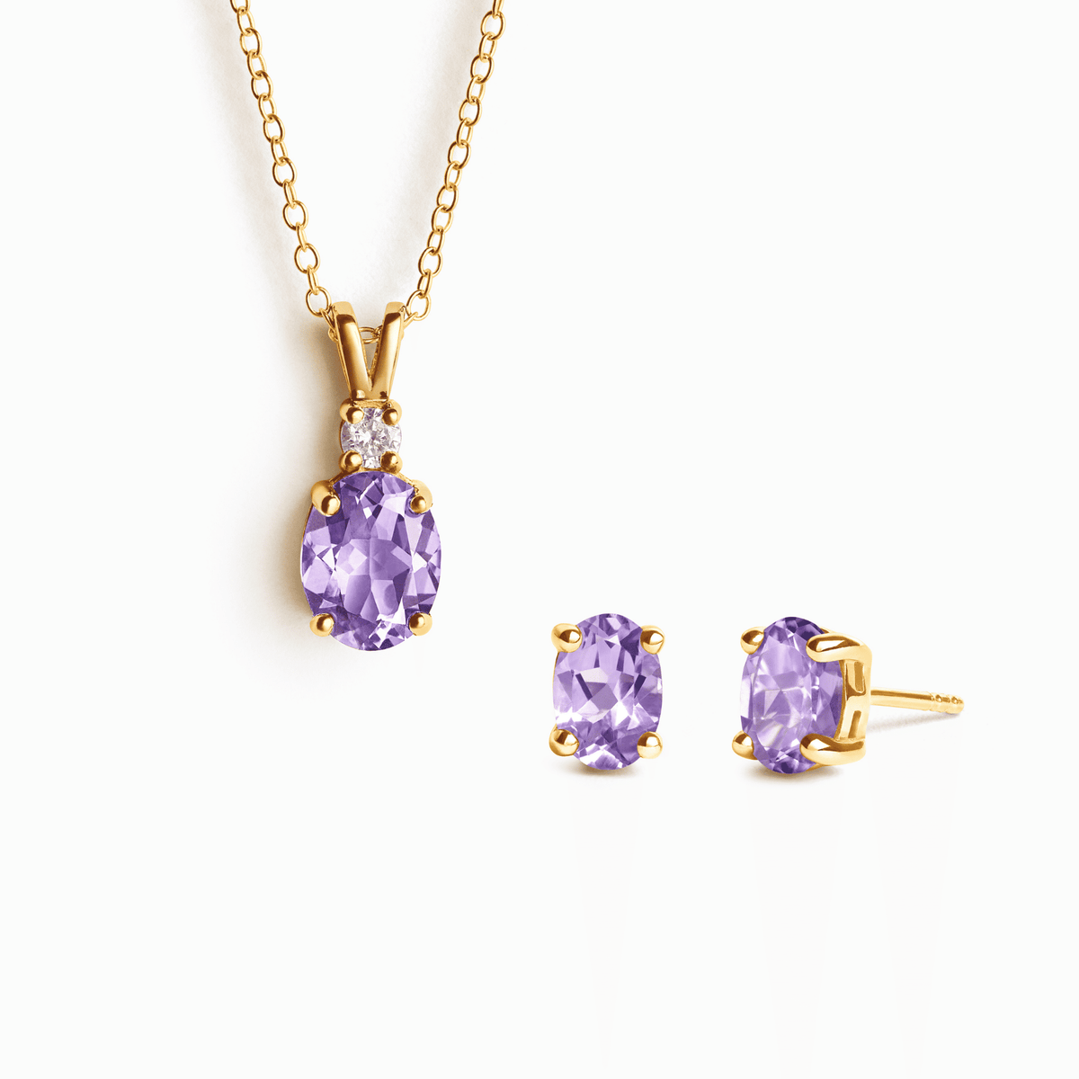 Gold vermeil necklace with amethyst pendant and matching amethyst stud earrings