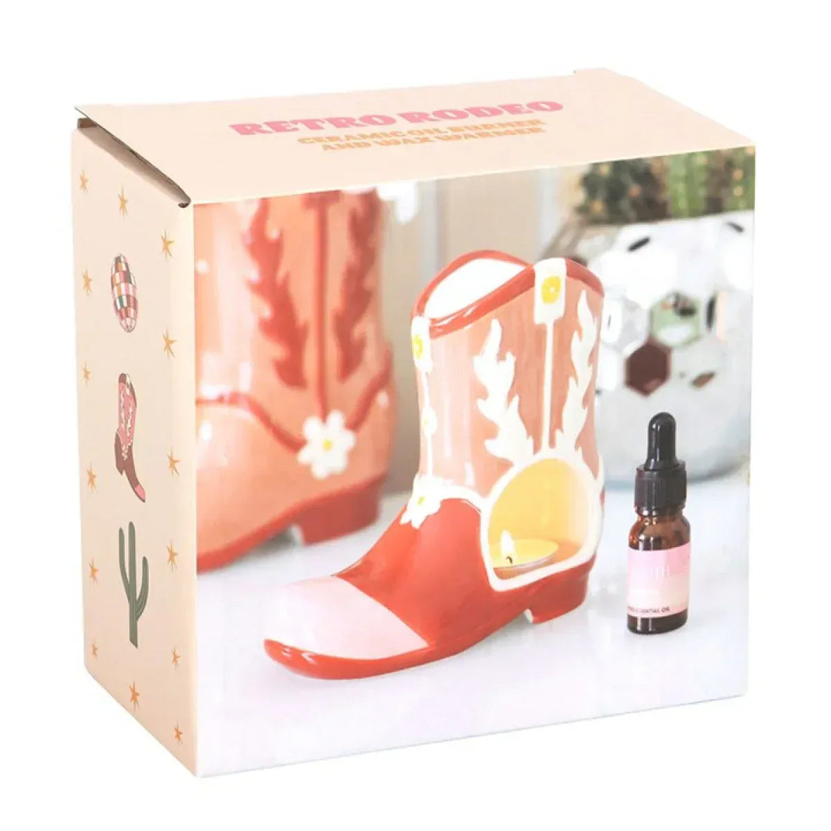 Cowboy boot oil burner wax warmer retail box with boot design and oil bottle