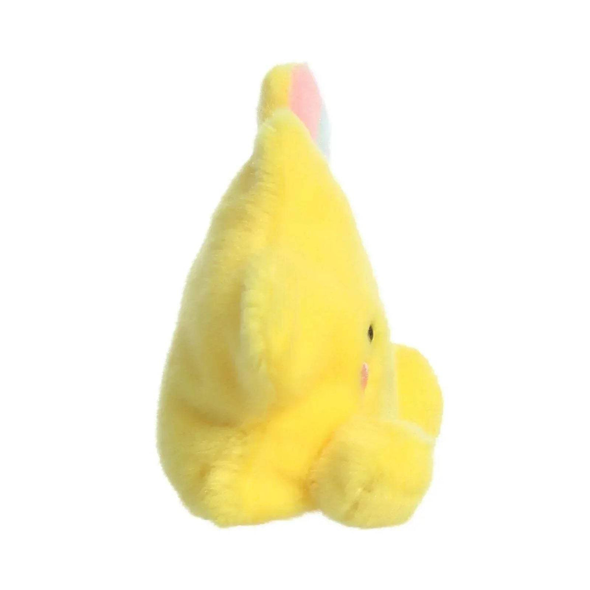 Yellow plush star soft toy, side view with pastel cloud tail and dangling arms