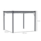 Dark grey aluminum gazebo frame with retractable roof, showing 3x3 size measurements