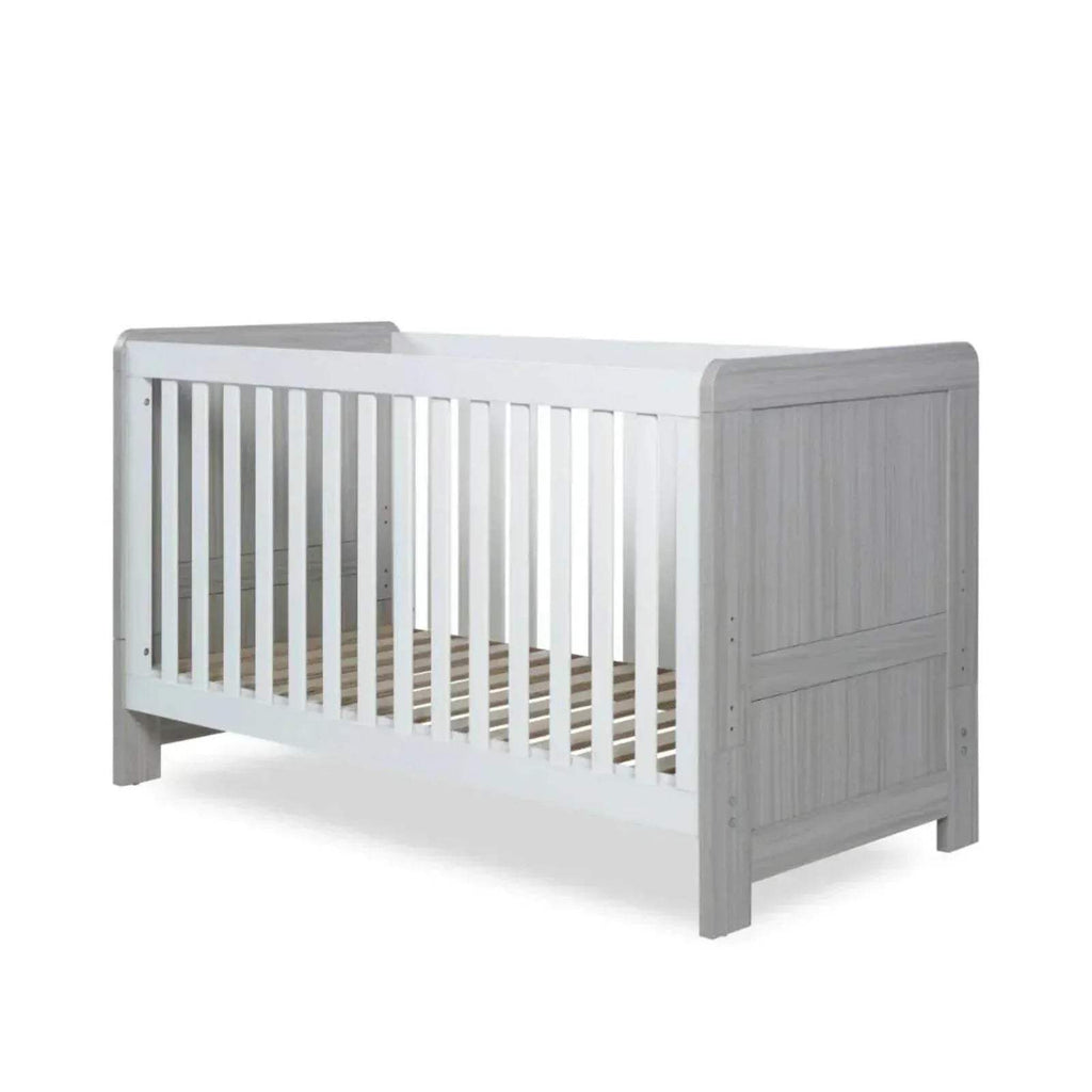 Cot bed frame angled view with white slats and ash grey side panels, no mattress.