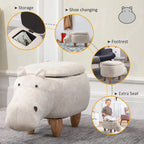 Cream hippo storage ottoman with padded lid, rounded headrest shape, and wood legs