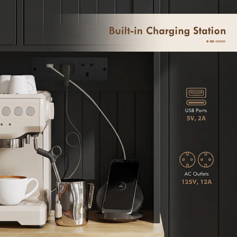 Built-in charging station in black kitchen cupboard with USB port and AC outlets