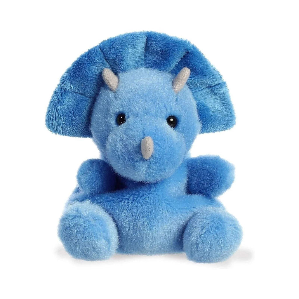 Blue plush triceratops soft toy with cream facial scales, seated, face forward