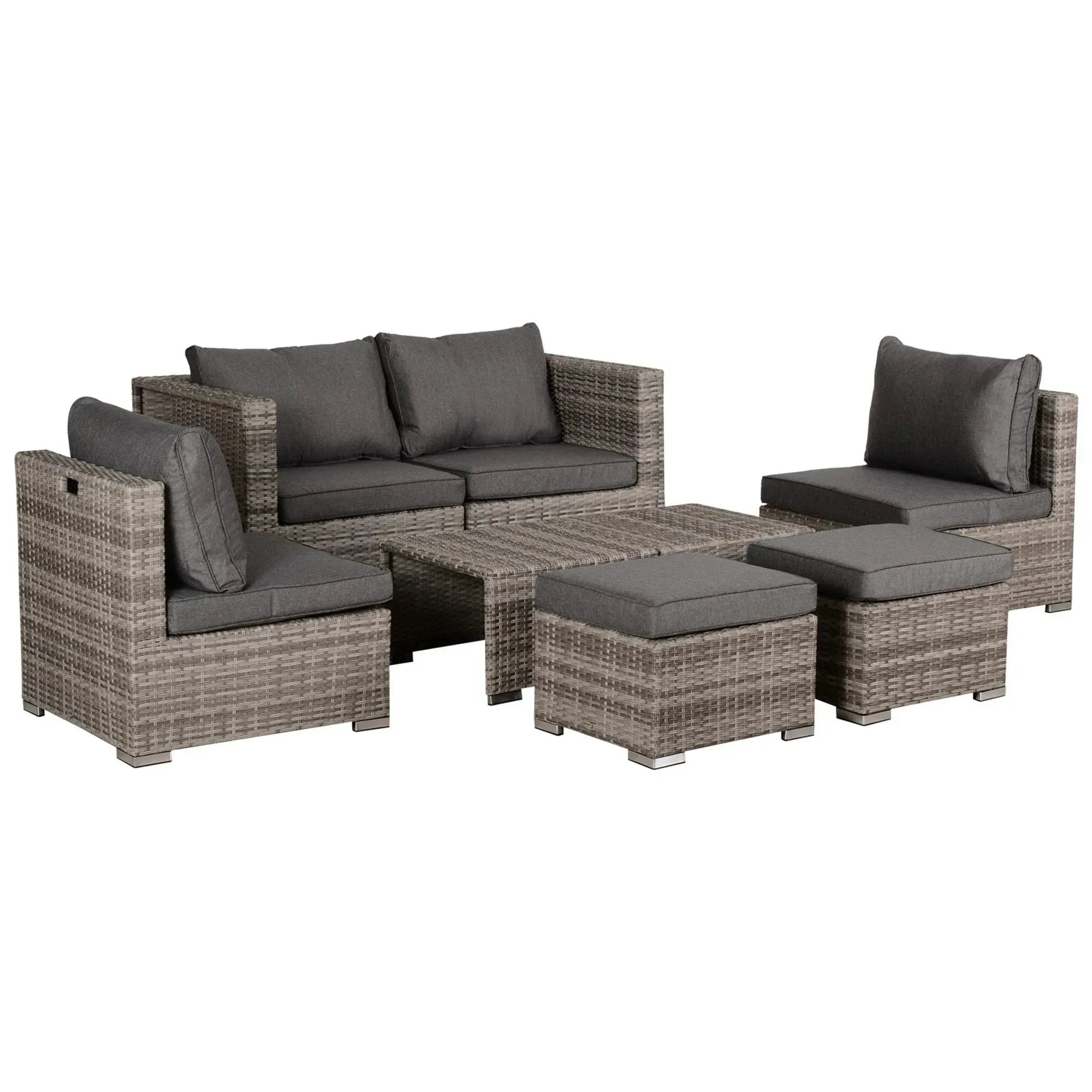 8 Pieces Rattan Garden Furniture Set, Garden Corner Sofa Set with 4 Chairs, 2 Footstools, 2 Coffee Tables and Cushions, Space-Saving Design, No Assembly Required, Grey - Bobobiy