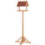 Freestanding wooden bird table feeder with slanted felt roof and stable tripod base