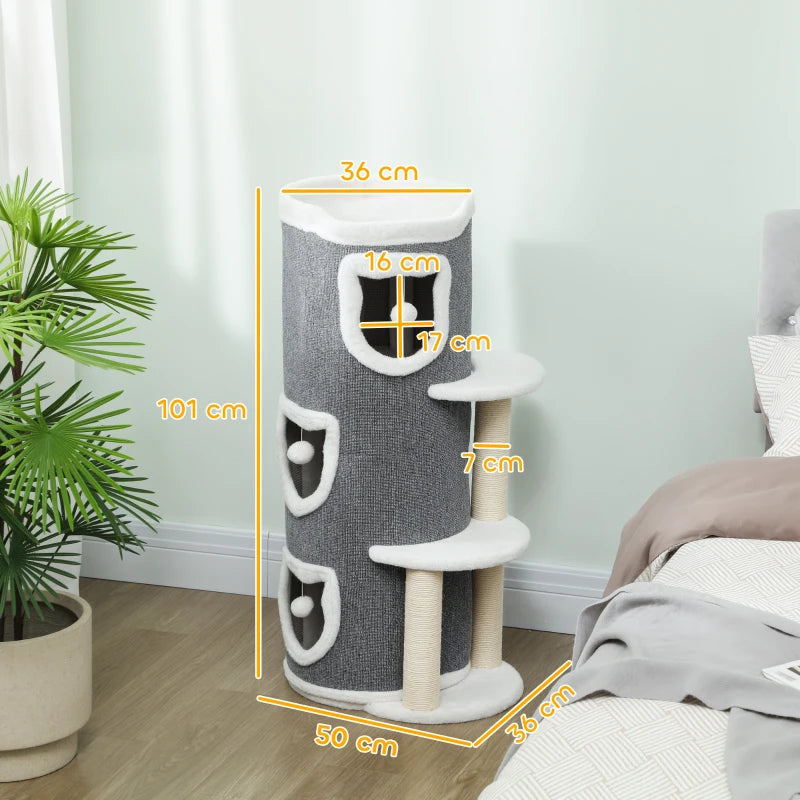 Gray cat tree with three barrel condos, stacked platforms, and sisal scratching posts (101 cm)