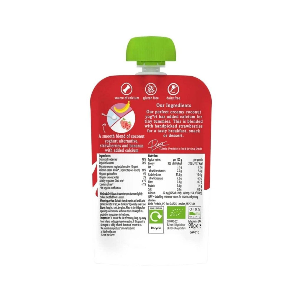 Back of dairy-free strawberry baby food pouch with nutrition panel and recycling mark