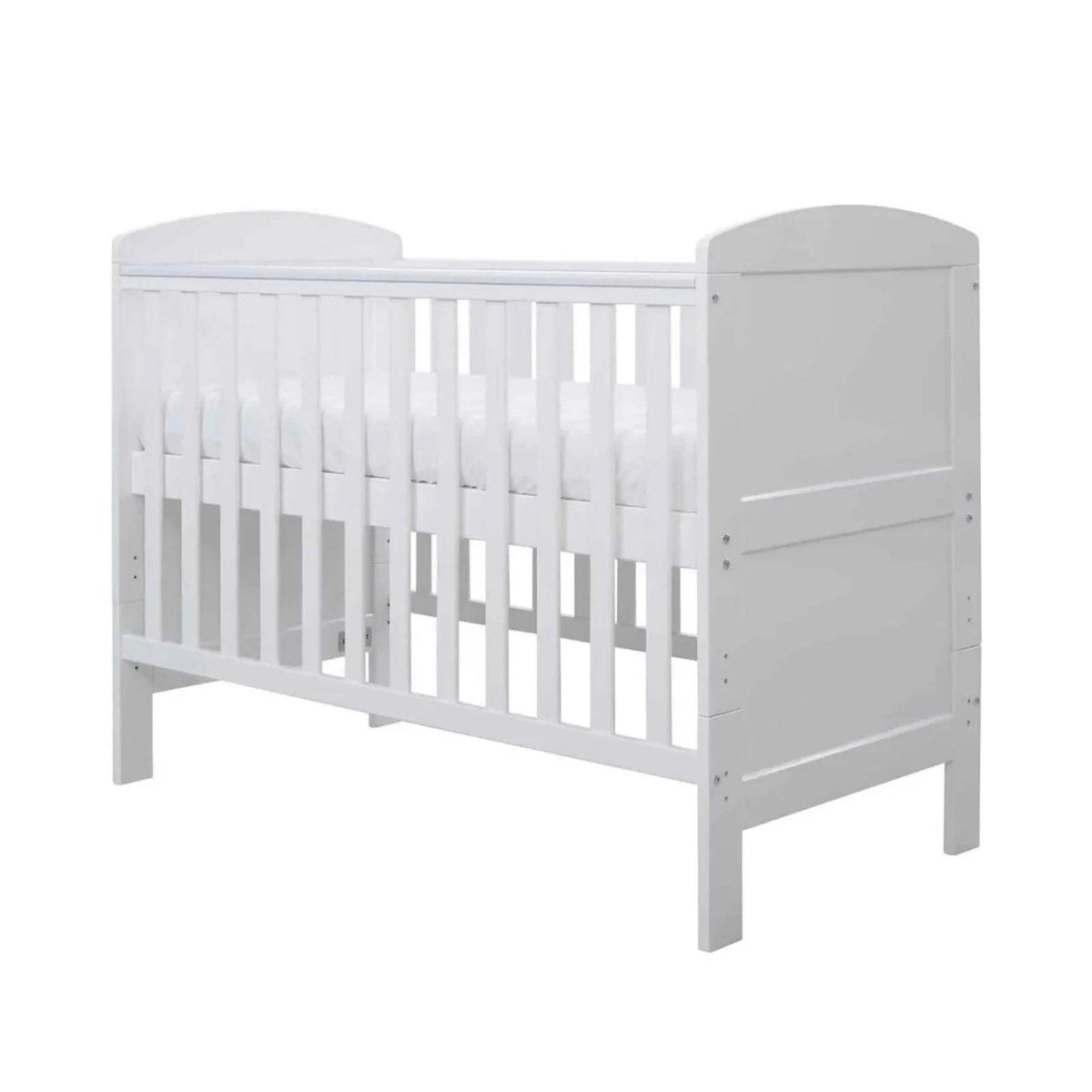 White mini cot bed with vertical slats and side panel, without mattress