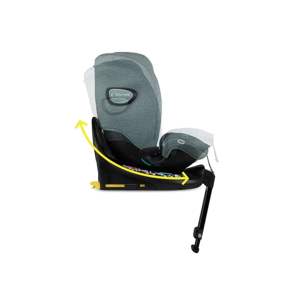 Teal infant car seat with headrest cushion and 360 rotation arrow on the base