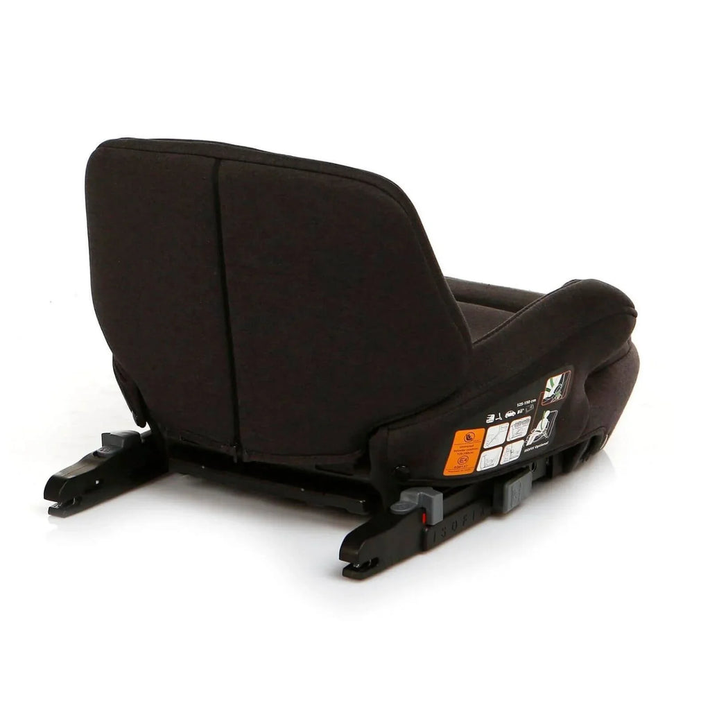 Black booster car seat rear view with recline padding and base feet