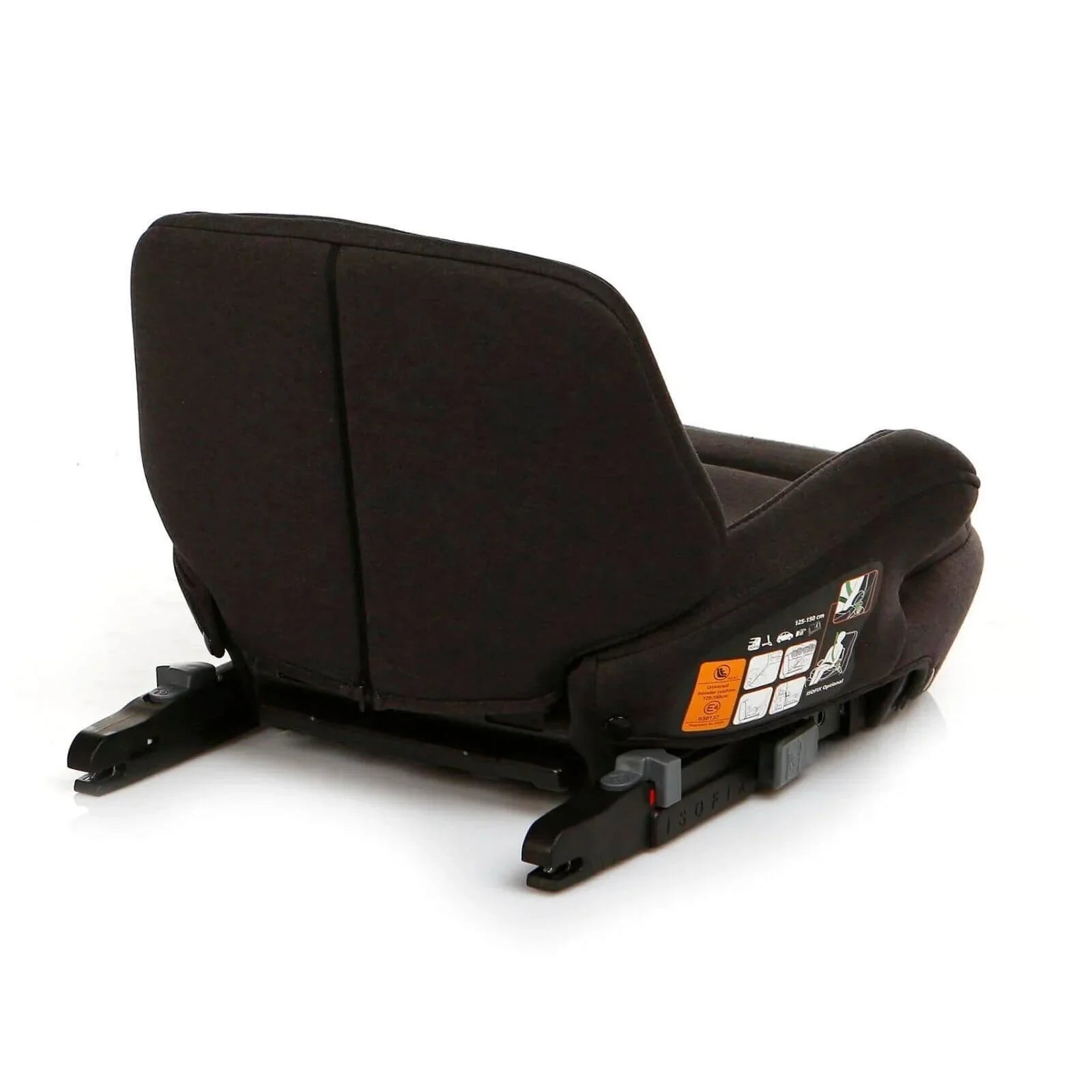 Black booster car seat rear view with recline padding and base feet