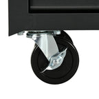 Single matte black caster wheel with metal mounting bracket under tool cabinet