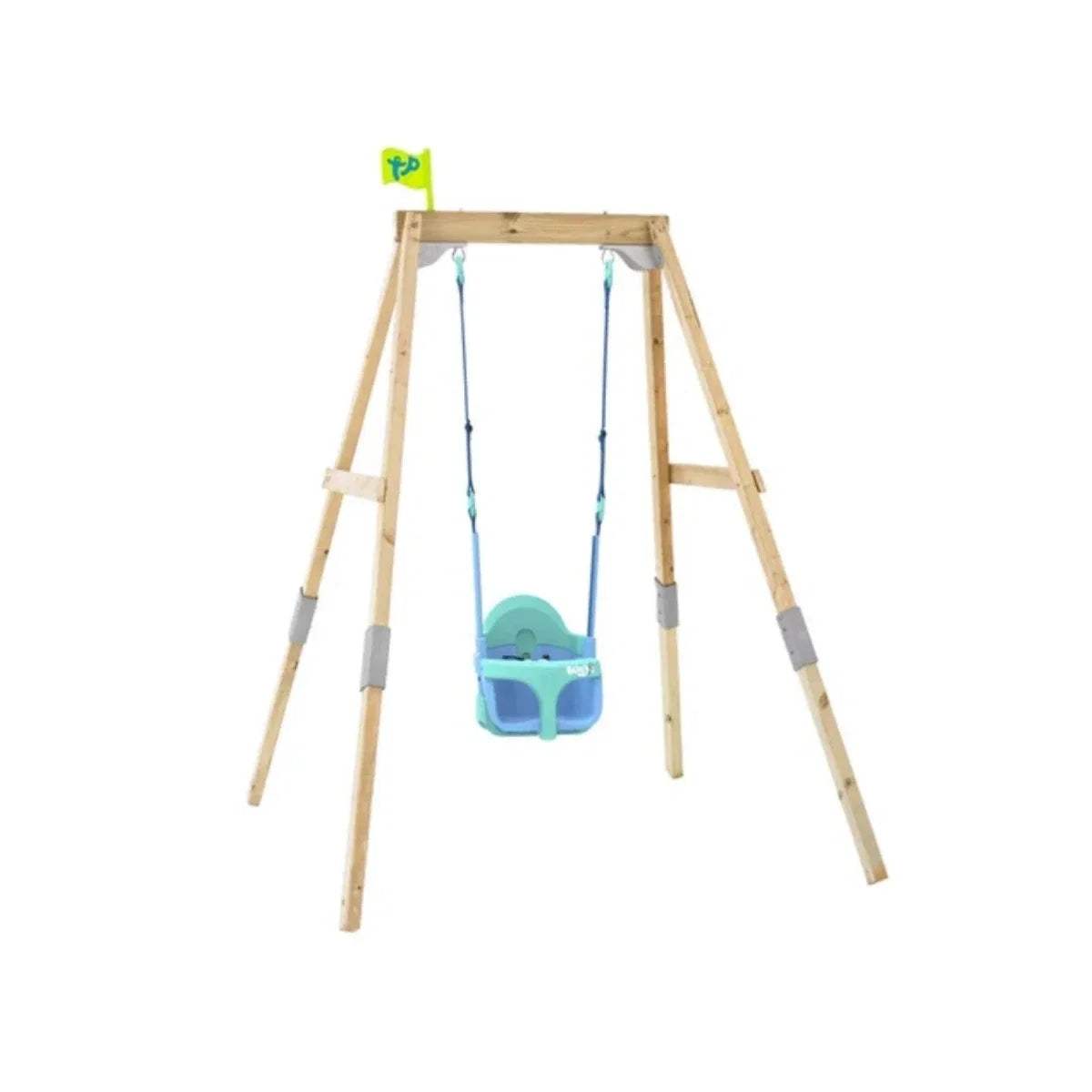 Wooden swing stand with blue ropes and turquoise growable swing seat.