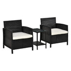 Black PE rattan bistro set with two chairs, cream cushions, and glass-top table