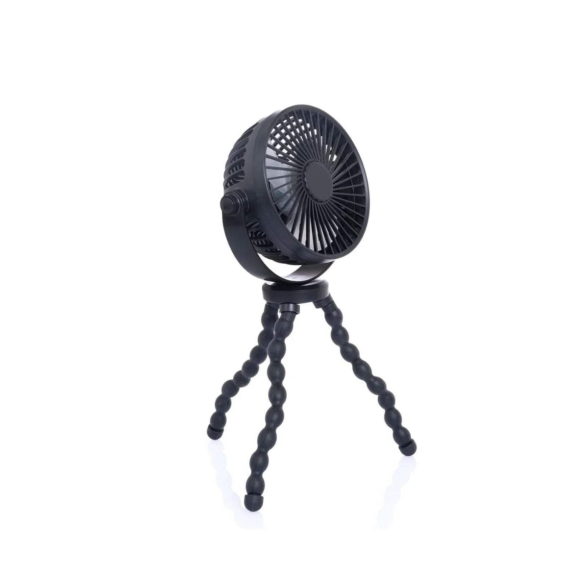 Black rechargeable stroller fan with round grille and three flexible tripod legs