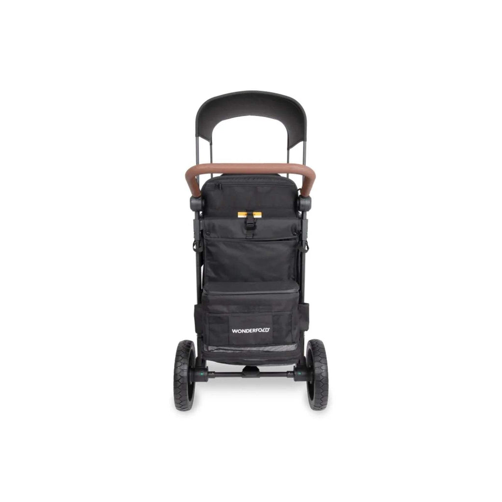 Jet black stroller wagon front view with upright canopy handle and front storage pocket