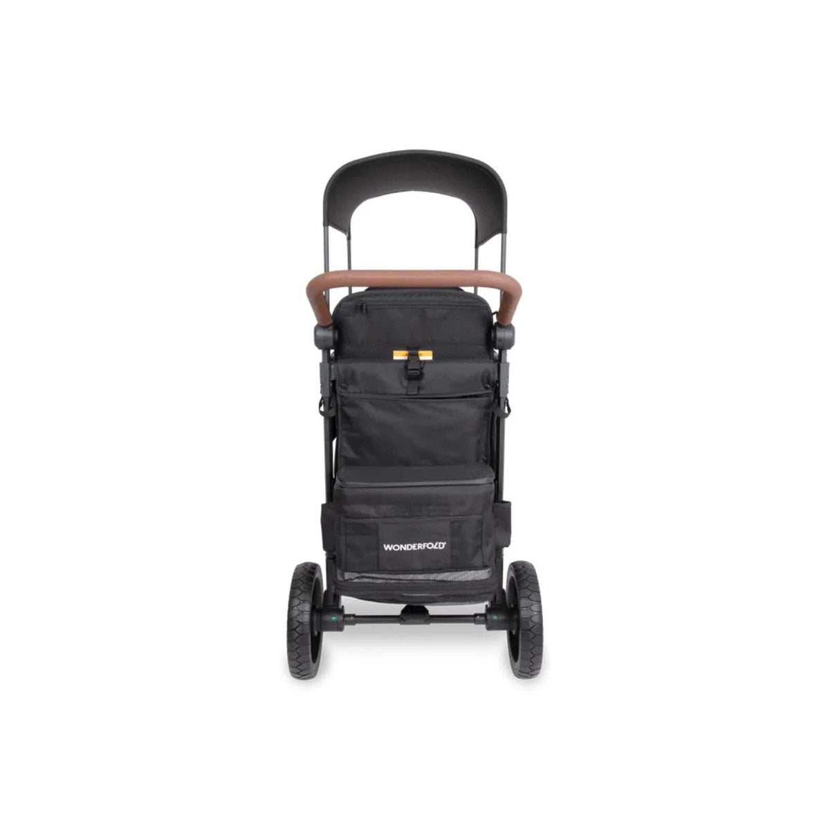 Jet black stroller wagon front view with upright canopy handle and front storage pocket