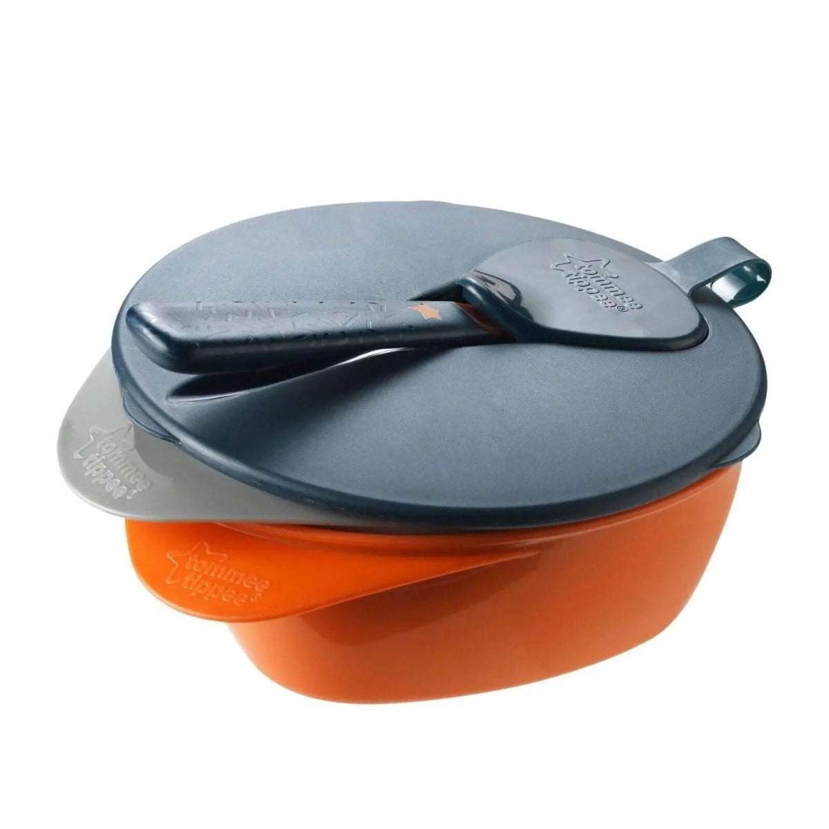 Orange baby feeding bowl with dark blue lid and attached spoon