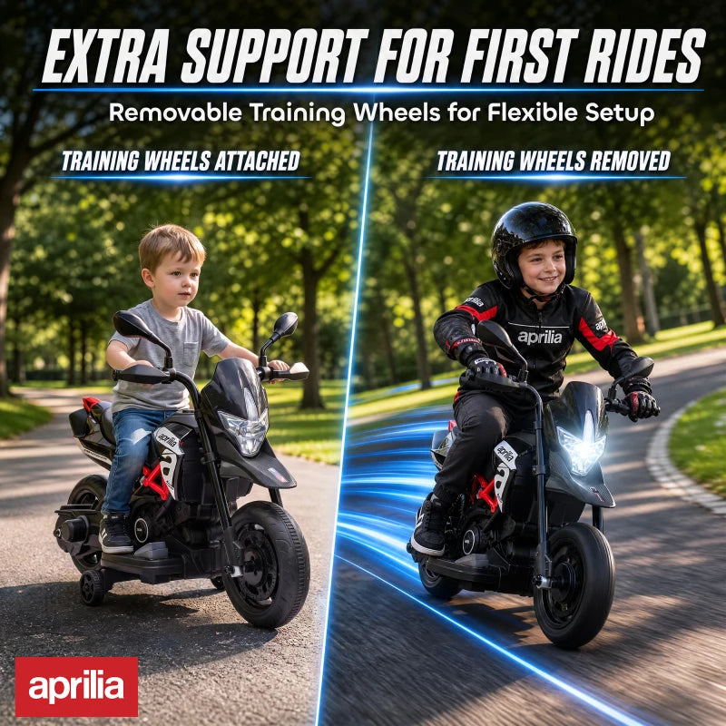 Black kids electric motorbike with removable training wheels and front headlight