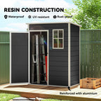 Black resin storage shed with open doors, window, and reinforced frame