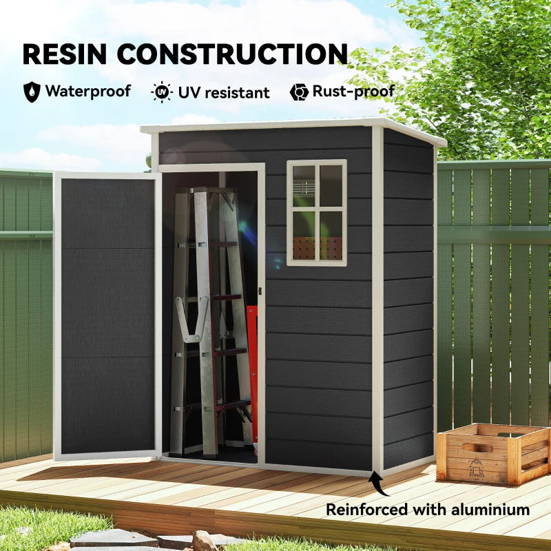 Black resin storage shed with open doors, window, and reinforced frame