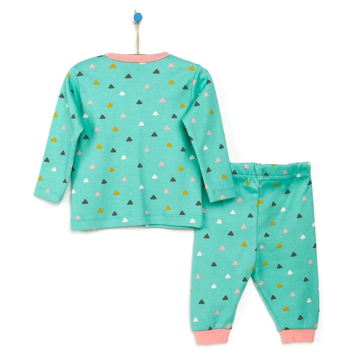 Mint baby girl long-sleeve pajama set with matching pants, triangle print.