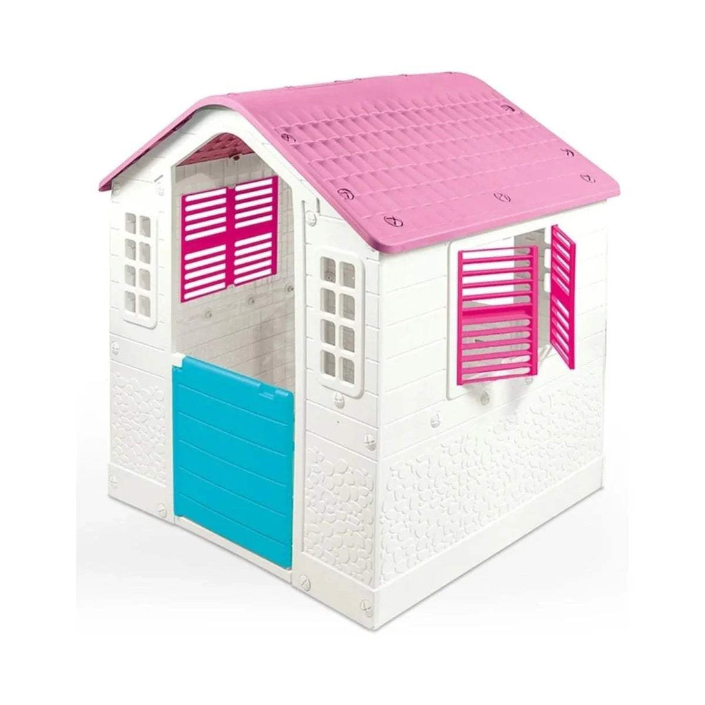 Pink and white plastic playhouse with blue and pink shutters, open front