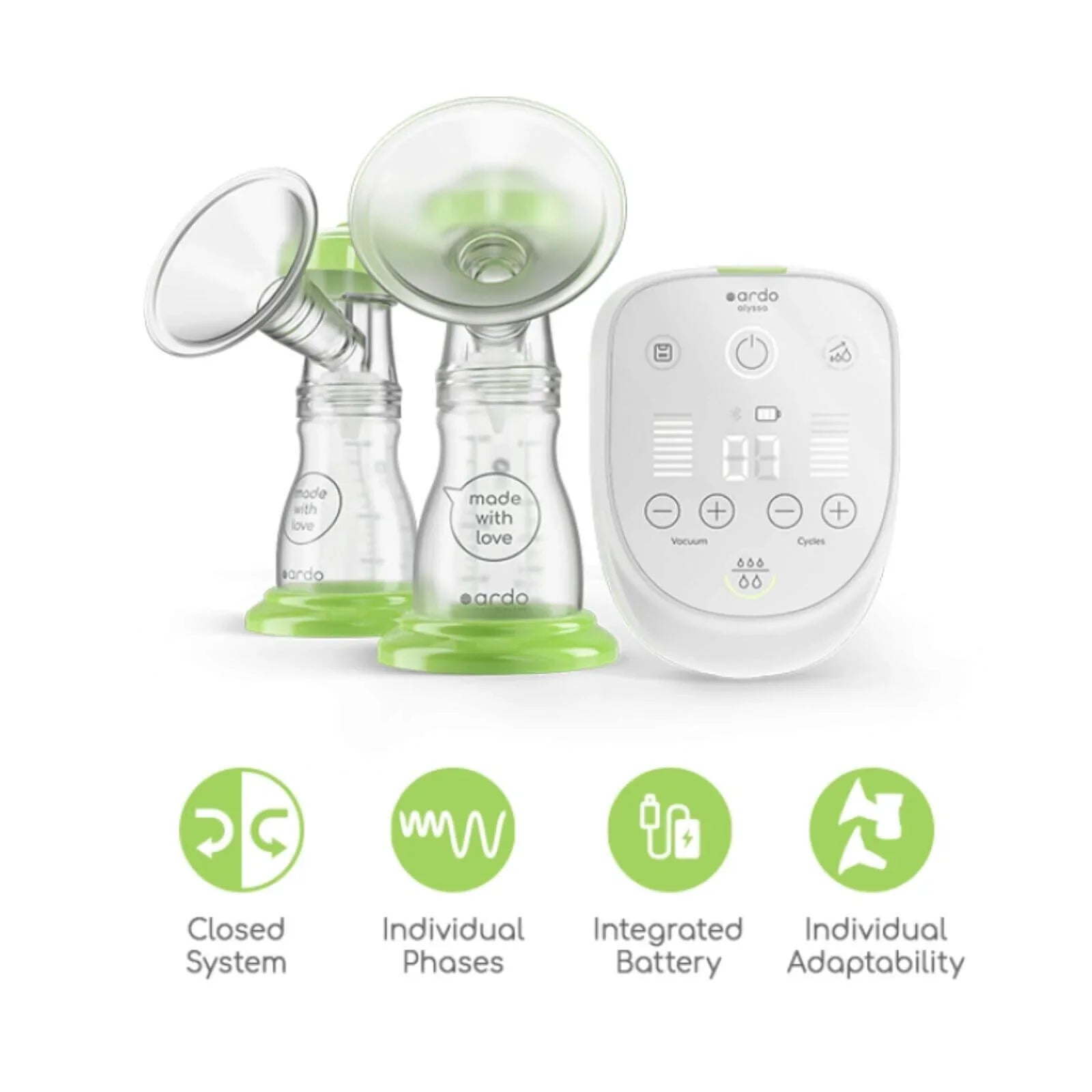 Double electric breast pump kit with two flanges, bottles, and control unit with indicators