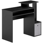 Black computer desk with sliding keyboard tray and side storage drawer shelf